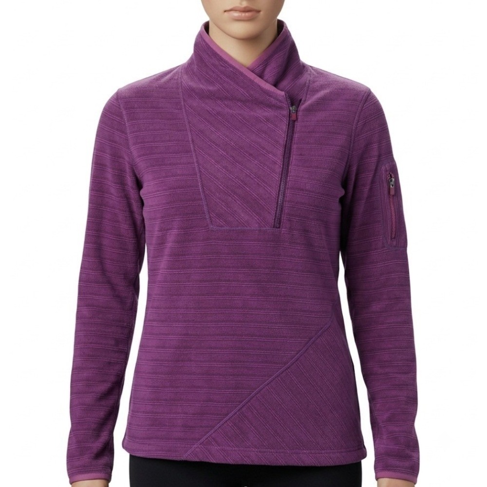 Athleta Pullover Women Small Purple Asymmetrical Zip Fleece Ribbed Sleeve Pocket